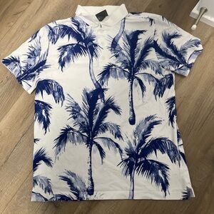 H&M White and Blue Palm Print Polo Shirt